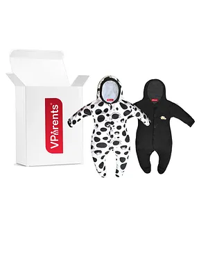 VParents Zoey  Full Sleeve Cotton Hooded Footies Sleepsuit Rompers Printed Pack of 2- Multicolor