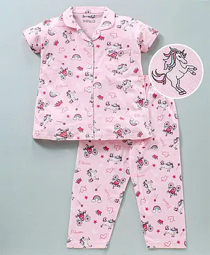 Sleepy Eyes Half Sleeves Pajama Set Unicorn Print - Pink