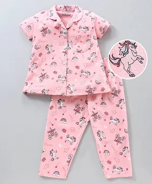 Sleepy Eyes Half Sleeves Pajama Set Unicorn Print - Peach