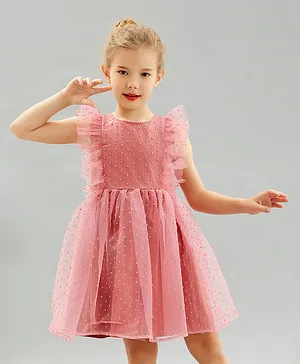 Kookie Kids Short Ruffle Sleeves Party Frock with Swiss Dots - Red