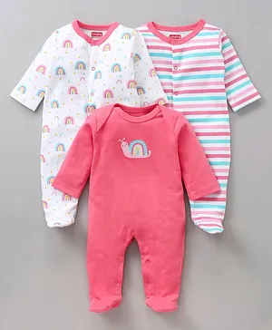 Babyhug Full Sleeves Footed Sleepsuits Multi Print Pack Of 3 - Pink White