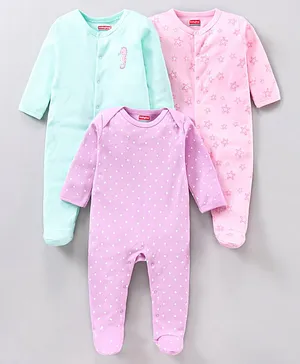Babyhug Cotton Full Sleeves Sleepsuits Printed Pack of 3 - Pink Blue