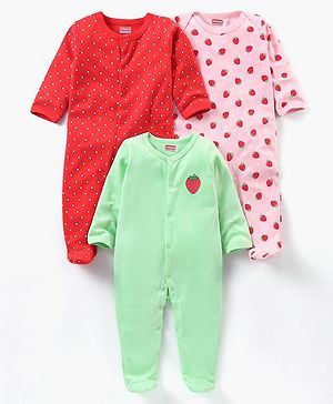 Babyhug Full Sleeves Footed Sleepsuits Strawberry Print Pack Of 3 - Red Pink