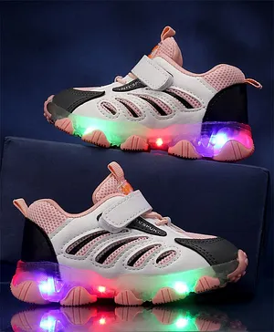 Kidlingss Wave Design Velcro Closure Round Tip Flat Heel LED Shoes - Pink