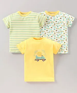 BUMZEE Pack Of 3 Half Sleeves Vehicles Print And Striped T Shirt - Yellow White