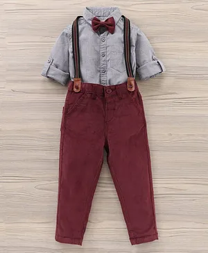 Babyhug Cotton Woven Full Sleeves Partywear Shirt & Pant Solid - Chambray Maroon