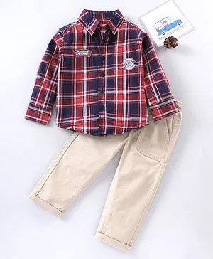 Babyhug Cotton Woven to Woven Full Sleeves Checks Shirt & Solid Trouser - Beige