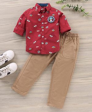 Babyhug Full Sleeves Shirt And Loungepants Multiprint - Red Khaki