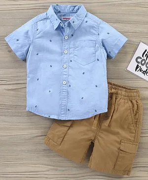 Babyhug Cotton Woven Half Sleeves Shirt & Shorts Leaves Printed - Blue Khaki