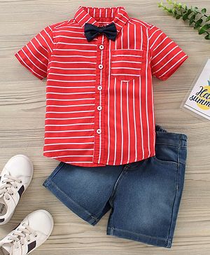 Babyhug Party Wear Half Sleeves Shirt & Denim Shorts With Bow - Red Blue