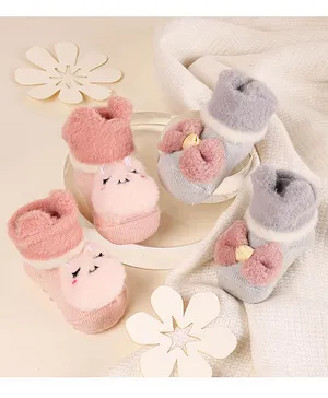 Kicks & Crawl Bow & Bear Design Socks - Pink & Grey