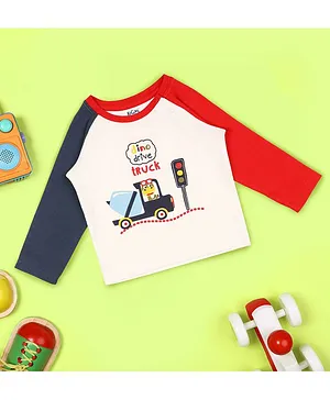 Kicks & Crawl Raglan Full Sleeves Dino Driver Printed Tee - White & Red
