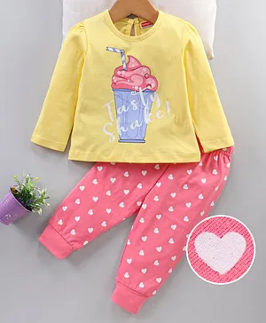 Babyhug Full Sleeves Pajama Set Ice Cream & Heart Print - Yellow Pink