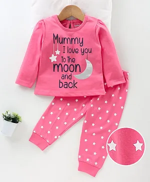 Babyhug Full Sleeves Night Suit Text Print - Pink
