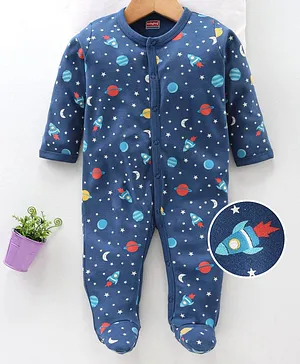 Babyhug Full Sleeves Footed Sleepsuit Space Print - Navy