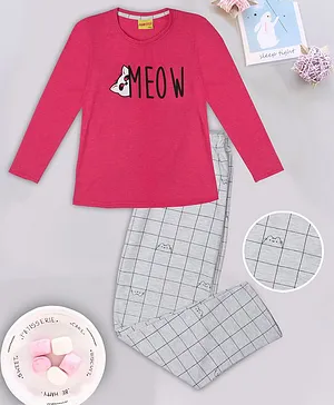punkster Full Sleeves Cat Print Night Suit - Pink