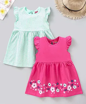 Babyhug Short Sleeveless 100% Cotton Frocks Dot & Flower Print Pack of 2 - Mint Pink