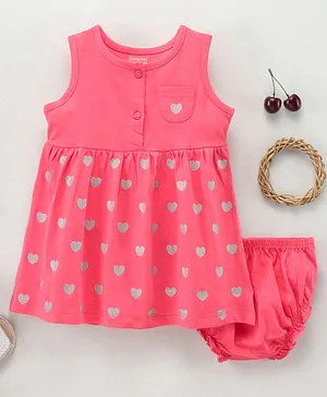 Babyhug 100% Cotton Sleeveless Knitted Frock With Bloomer Heart Print - Pink