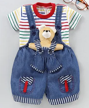 Dapper Dudes Half Sleeves Striped Tee With Teddy Dungaree - Red & Blue