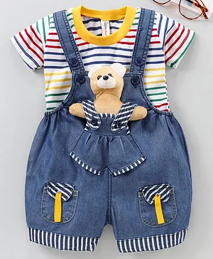 Dapper Dudes Half Sleeves Striped Tee With Teddy Dungaree - Yellow & Blue