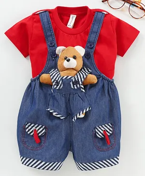 Dapper Dudes Half Sleeves Tee With Teddy Dungaree - Red