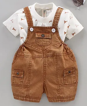 Dapper Dudes Half Sleeves Abstract Printed Tee With Dungaree - Coffee Brown