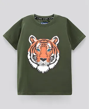 Pine Kids Half Sleeves Biowashed T-Shirt Tiger Print - Green