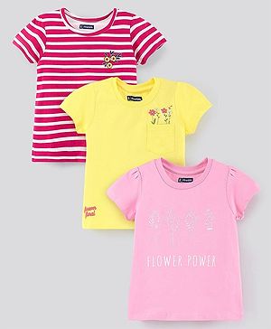 Pine Kids Half Sleeves Cotton Biowashed Foil Print Pack of 3 - Pink Yellow Red