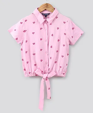 Pine Kids Half Sleeves Tie Up Top Heart Print- Pink