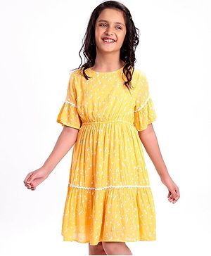 Pine Kids Half Sleeves Rayon Crinkled Dress Floral Print - Yellow