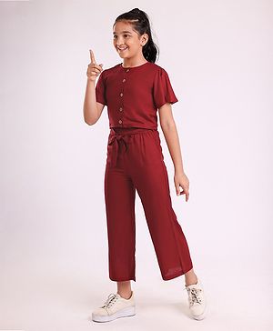 Pine Kids Half Sleeves Top & Palazzo Solid Summer Set - Maroon