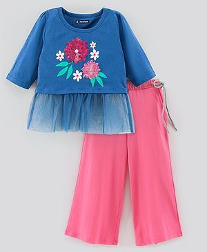 Pine Kids Biowashed Full Sleeves Top & Palazzos Set Floral Print & Sequins Applique - Pink Blue