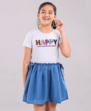 Pine Kids Half Sleeves Frock Happy Embellished - Blue Grey