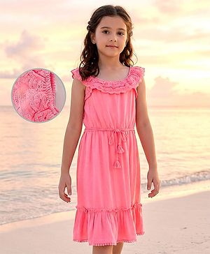 Pine Kids Sleeveless Above Knee Length Frock - Pink