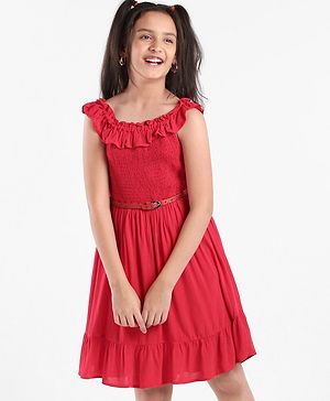 Pine Kids Sleeveless Solid Color Frock - Red