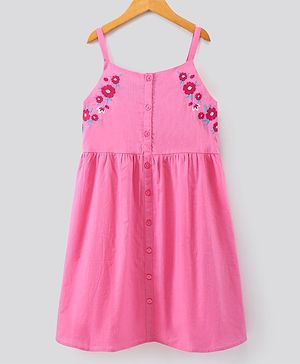 Pine Kids Sleeveless Floral Embroidered Frock - Pink