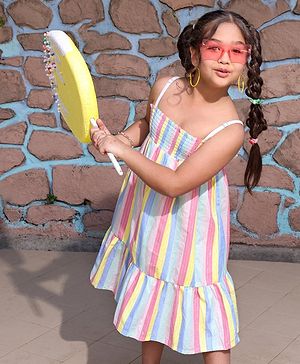 Pine Kids Singlet Sleeves Striped Frock - Multicolour