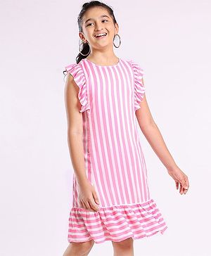Pine Kids Ruffle Sleeves Striped Frock - Pink
