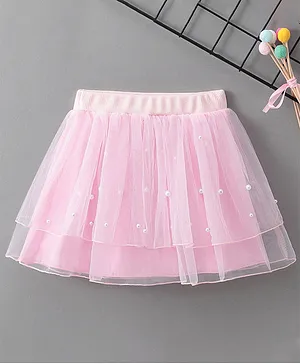 Kookie Kids Layered Net Skirt With Pearl Detailing - Pink