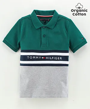 Tommy Hilfiger Half Sleeves Color Block Polo T-Shirt Logo Print - Green