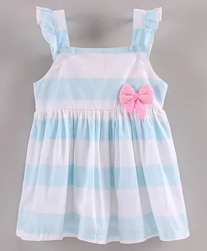 ORRIGANY Sleeveless with Frill Gathered Striped Frock with Bow - Sky Blue