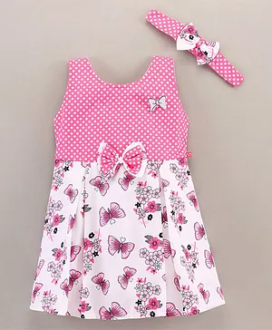 Twetoons Sleeveless Pleated Frock With Headband Butterfly Print - White Pink