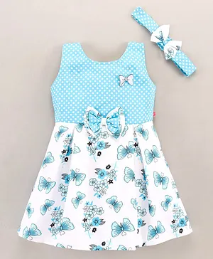 Twetoons Sleeveless Pleated Frock With Headband Butterfly Print - White Sky Blue