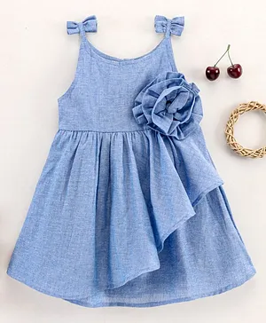 Babyhug Singlet Sleeves 100 % Cotton Yarn Dyed Chambray Overlap Frock - Blue