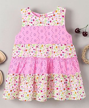 Babyhug Sleeveless Frock Schiffli Design - Pink