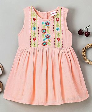 Babyhug Viscose Yoke Frocks Crepe Embroidered  - Peach