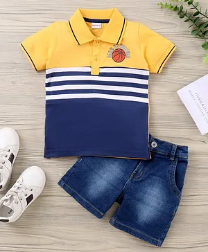 Babyhug Half Sleeves Striped T-Shirt & Denim Shorts- Yellow Blue