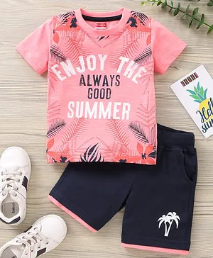 Babyhug Half Sleeves T-Shirt & Shorts Set Text Print - Pink
