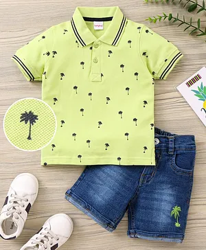 Babyhug Half Sleeves T-Shirt & Shorts Set Palm Trees Print - Green Blue