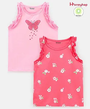 Honeyhap Premium Sleeveless Tops With   Anti-Microbial  Finish Floral & Butterfly Print Pack of 2 - Dark & Light Pink